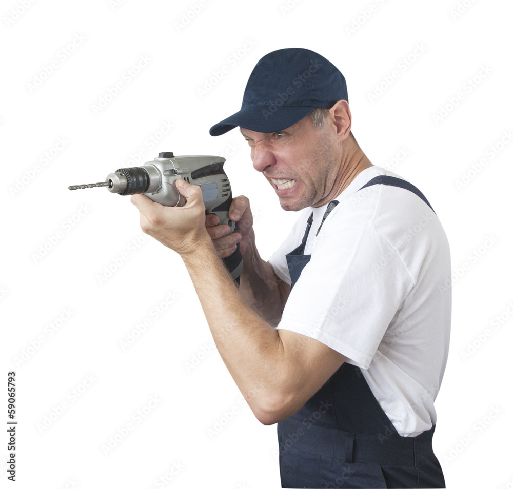 Portrait of worker in blue uniform with drill isolated on white Portrait of worker in blue uniform with drill isolated on white