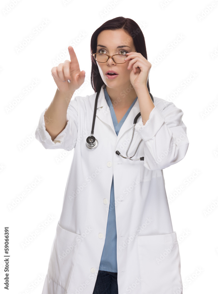Female Doctor or Nurse Pushing Button or Pointing, Copy Room Female Doctor or Nurse Pushing Button or Pointing, Copy Room