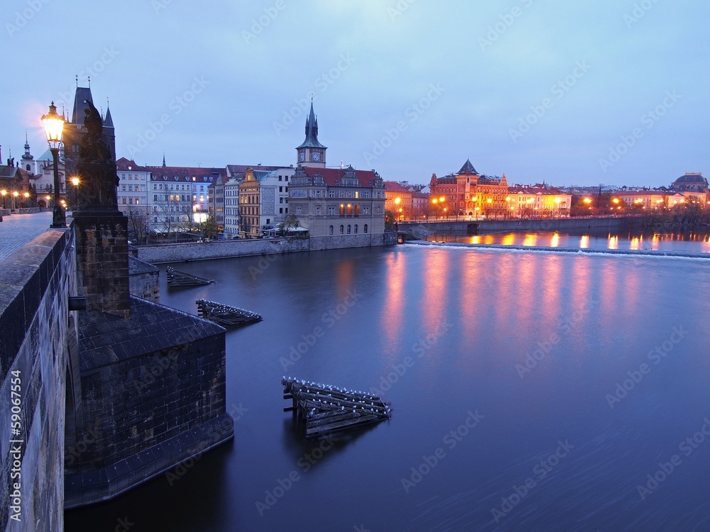 Fototapeta premium Night river, view to historical part of town, center of Europe