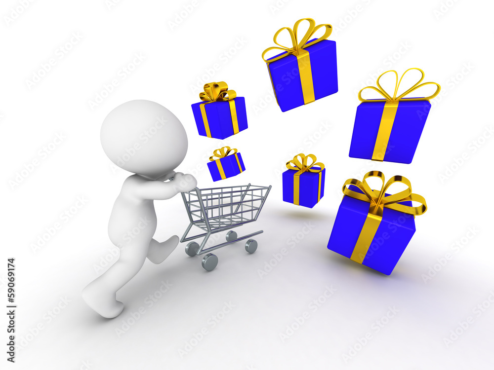 3D guy running with shopping cart through stack of wrapped gifts 3D guy running with shopping cart through stack of wrapped gifts