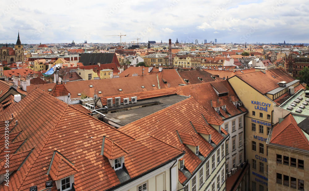 Roofs of houses in the historic center of Prague.