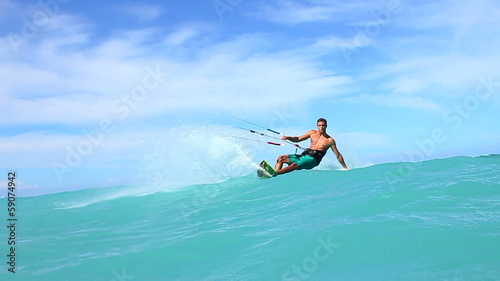 Young Man Kitesurfing in Ocean, Extreme summer sport hd