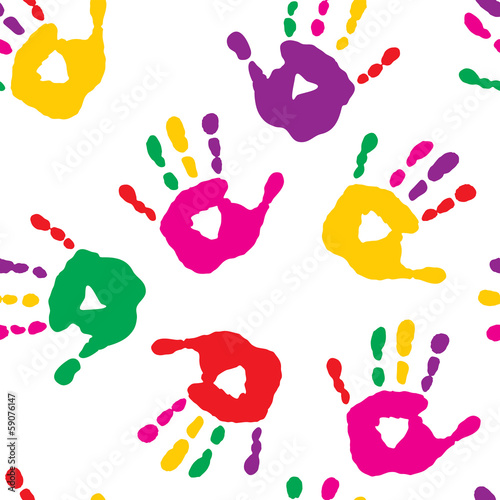Colorful hand prints on white background