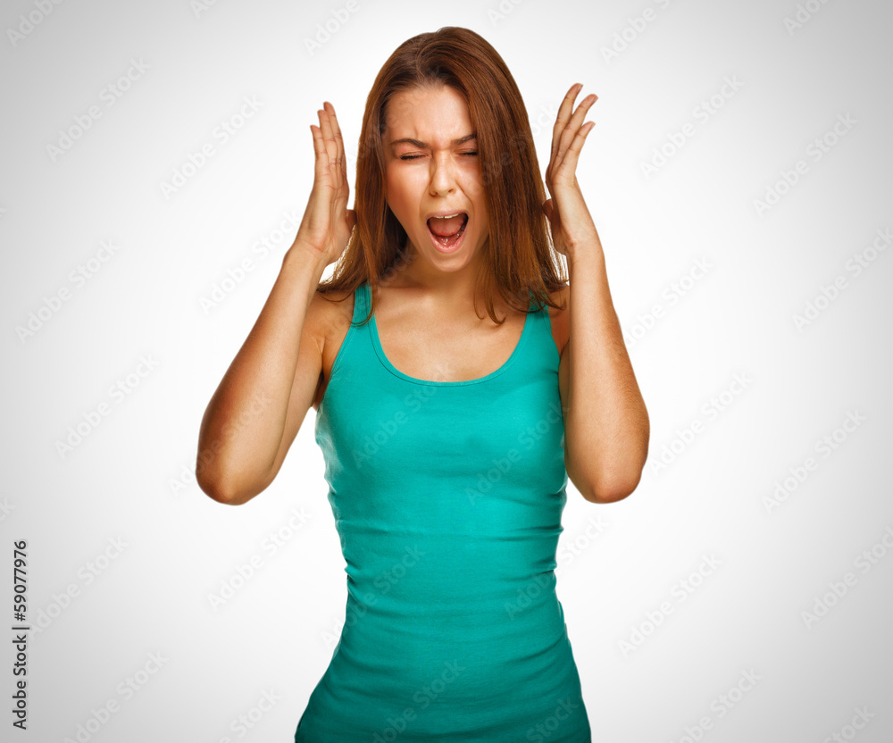 woman screaming wild hair her opened mouth hands to his head emo woman screaming wild hair her opened mouth hands to his head emo