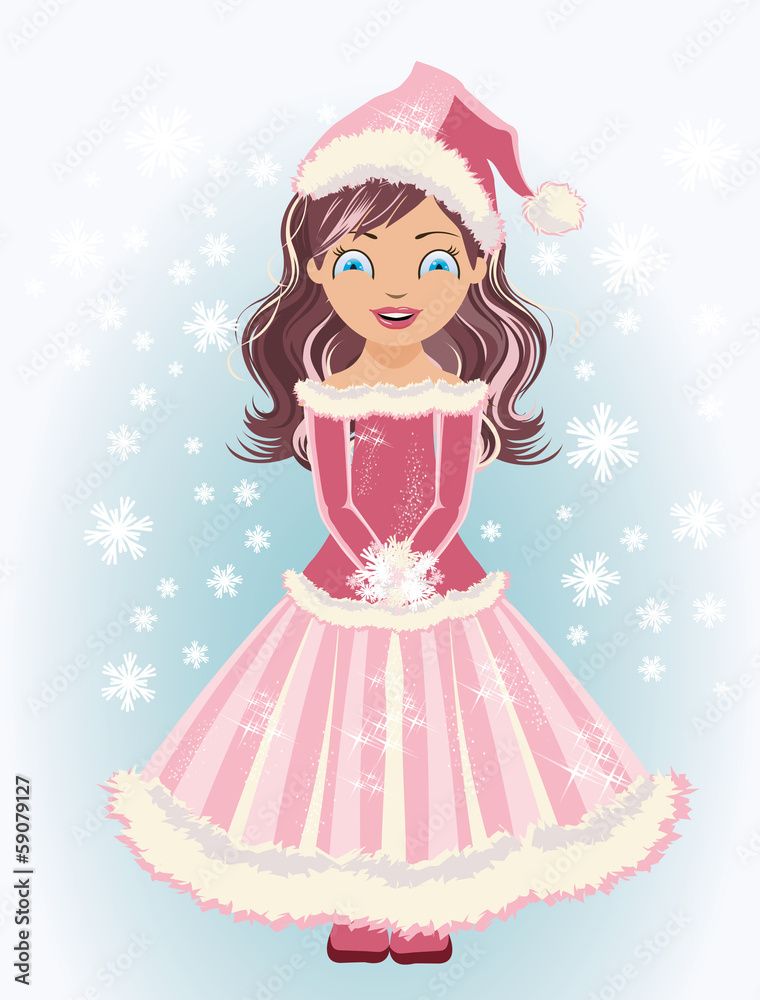 Cute Santa girl with snowflakes, vector illustration
