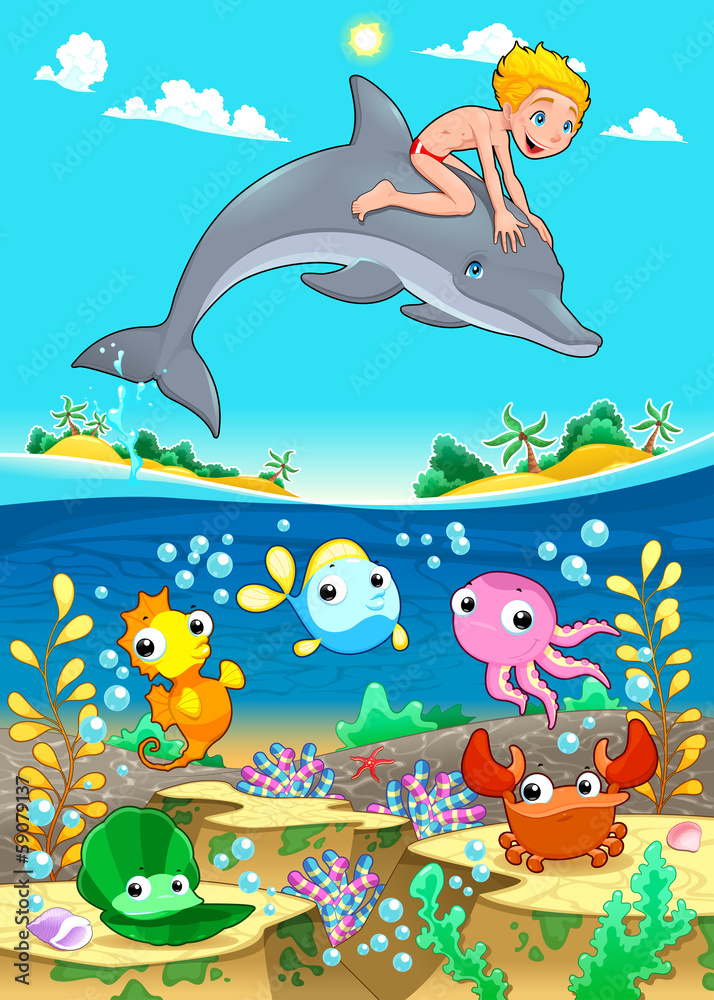 Obraz premium Boy and dolphin with fish unde the sea.