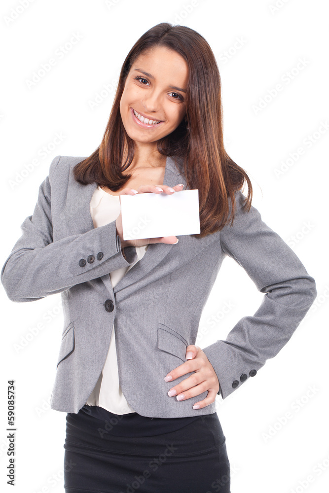 beautiful woman with card in hand to message beautiful woman with card in hand to message