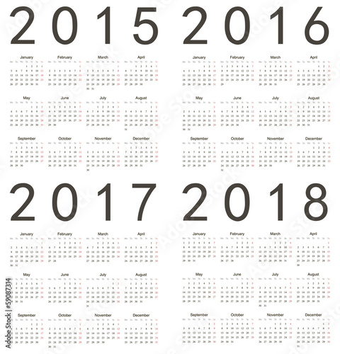 Set of square european 2015, 2016, 2017, 2018 year calendars.