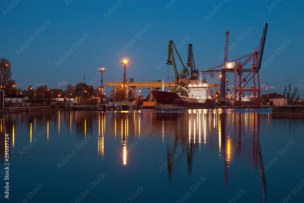 Night view at the port in Gdansk, Poland.