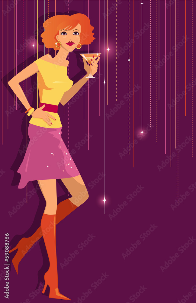 Cocktail party invitation template with a redhead girl Cocktail party invitation template with a redhead girl