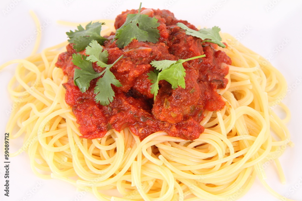Pasta with meatballs decorated with coriander Pasta with meatballs decorated with coriander