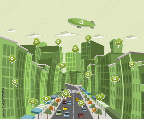 green city with speech balloon with recycle icon