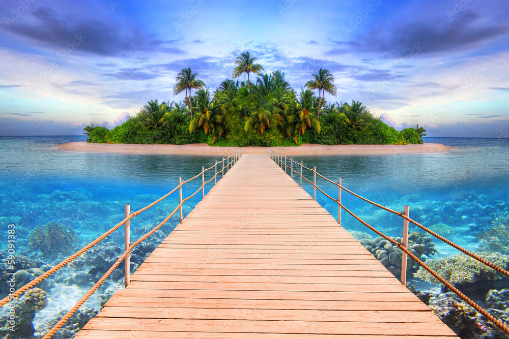 Pier to the tropical island of Maldives