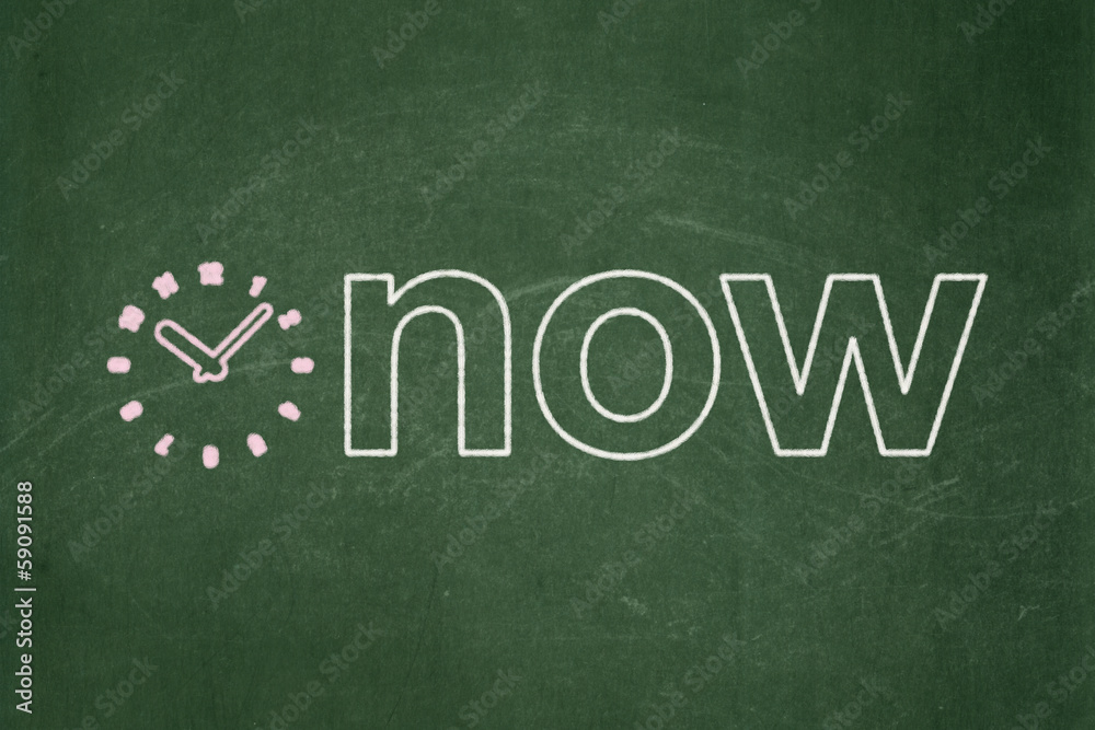 Time concept: Clock and Now on chalkboard background Time concept: Clock and Now on chalkboard background