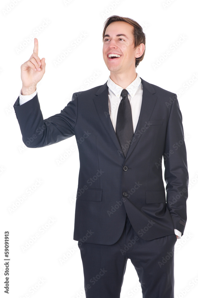Happy businessman smiling and pointing finger Happy businessman smiling and pointing finger