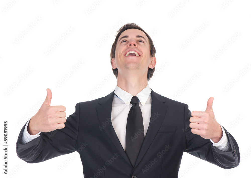 Businessman laughing and showing thumbs up Businessman laughing and showing thumbs up