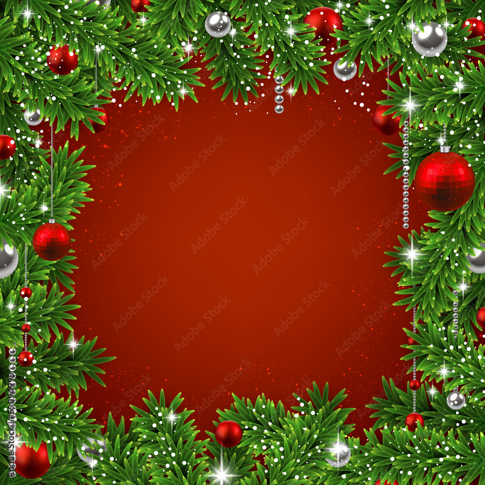 Christmas background with fir branches and balls.