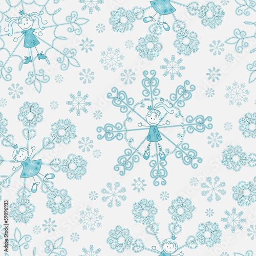 Seamless pattern with snowflakes-girls. Vector