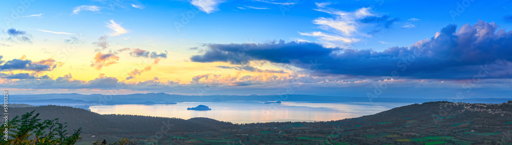 Bolsena lake aerial panoramic view from Montefiascone, Italy.