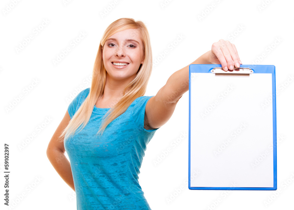 woman college student girl holds clipboard with blank woman college student girl holds clipboard with blank
