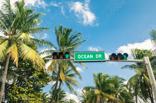 Ocean Drive in Miami - Road sign and green Traffic Light