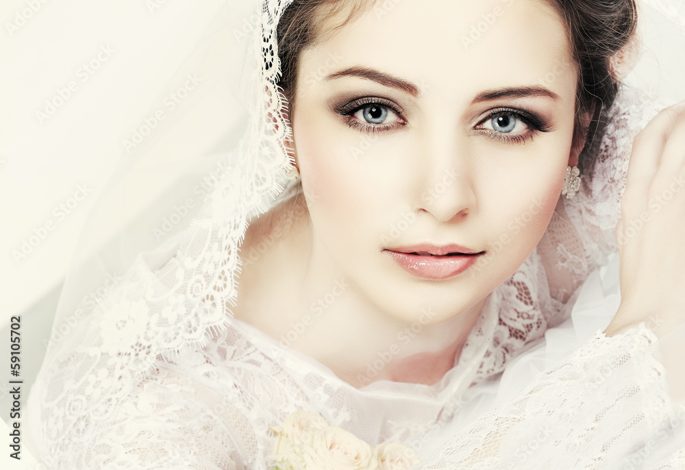Portrait of beautiful bride. Wedding dress. Wedding decoration Portrait of beautiful bride. Wedding dress. Wedding decoration