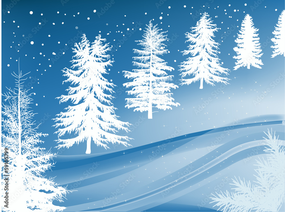 blue and white winter snow forest illustration