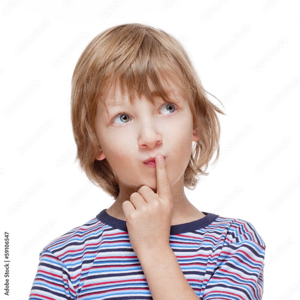Boy Looking up Thinking, Finger on his Mouth Boy Looking up Thinking, Finger on his Mouth
