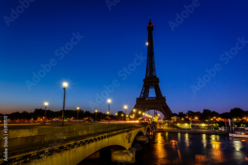 Eiffel Tower and d'Iena Bridge at Dawn, Paris, France