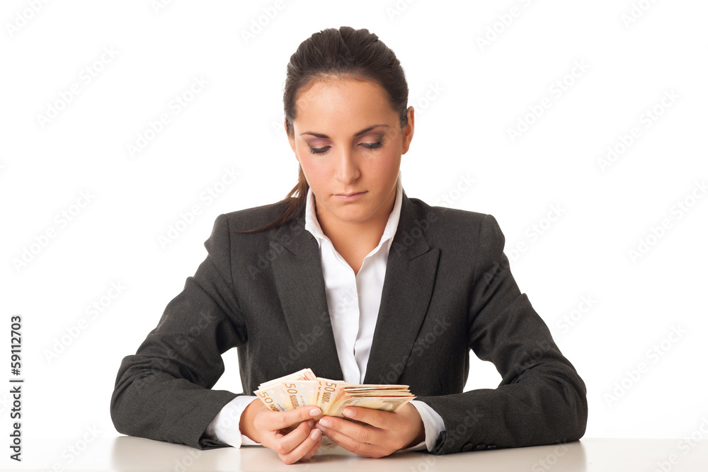 Businesswoman counting euro banknotes on white background. Businesswoman counting euro banknotes on white background.