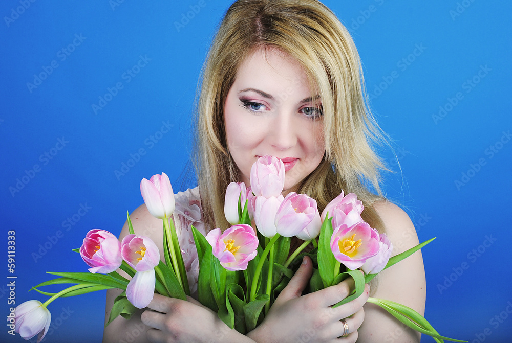 portrait beautiful girl with rose tulip