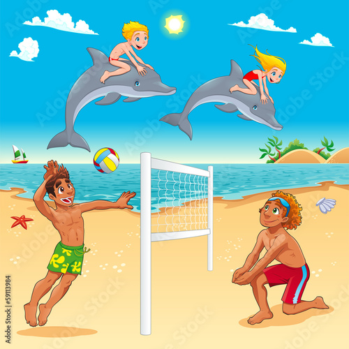 Funny summer scene with dolphins and beachvolley