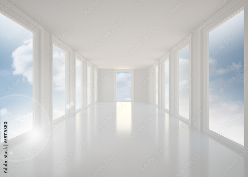 Fototapeta premium Jasna biała sala z oknami