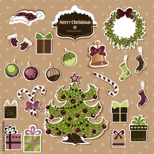 Vector set of Christmas stickers on a beige background