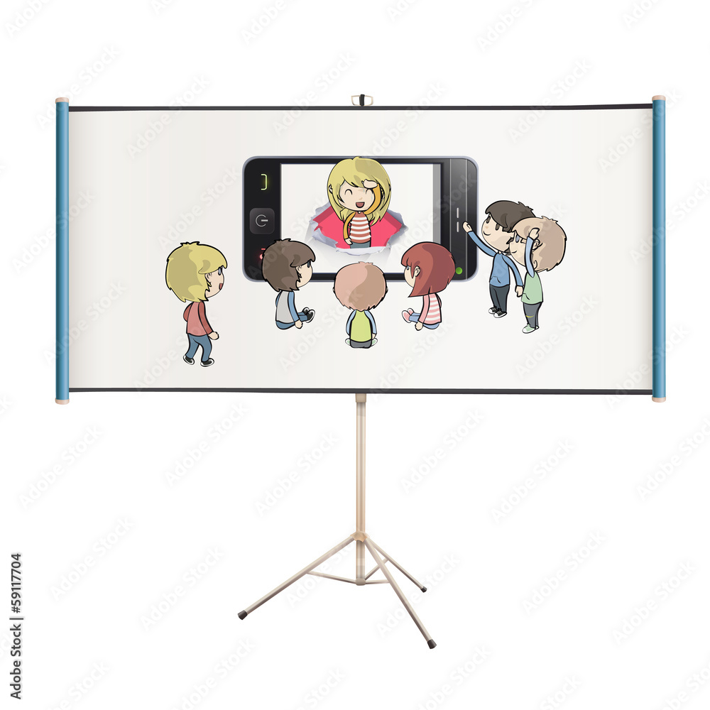 Kids around phone projected on white screen