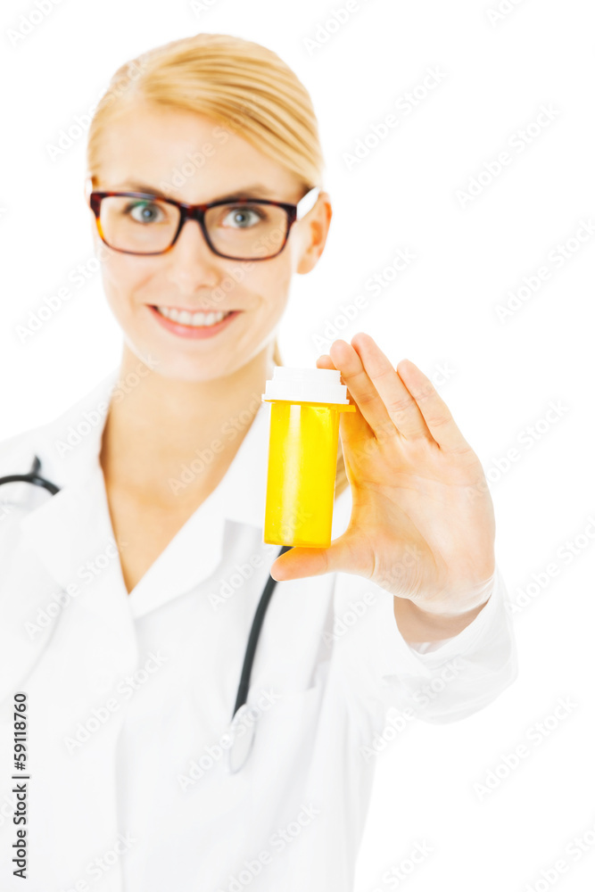 Female Doctor Holding Pill Bottle Over White Background Female Doctor Holding Pill Bottle Over White Background