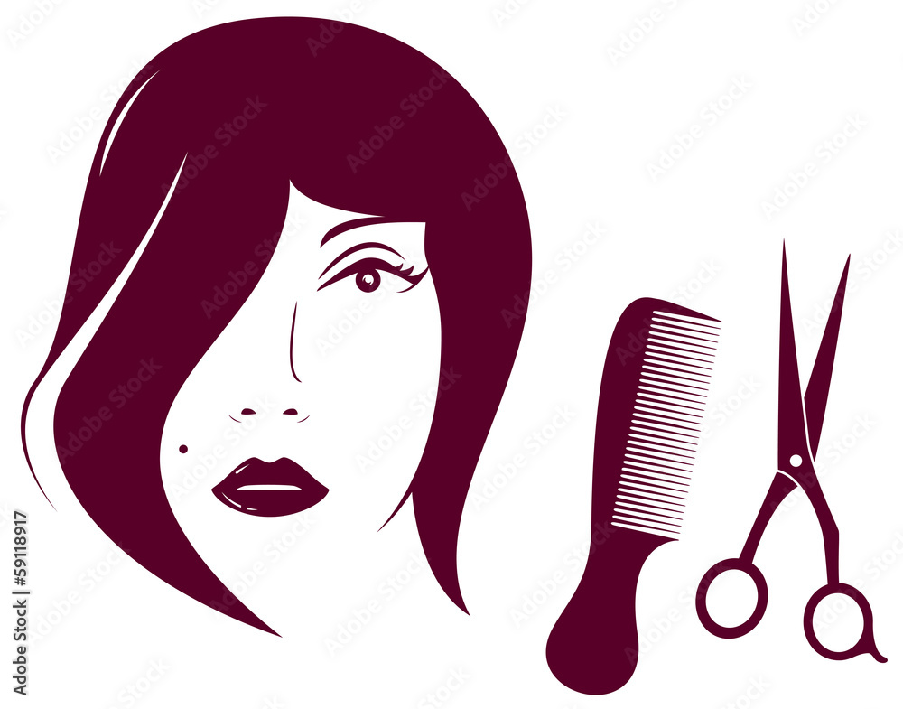 beauty woman face with comb and scissors - barbershop symbol beauty woman face with comb and scissors - barbershop symbol