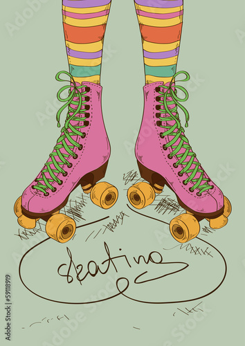 Illustration with girl's legs and retro roller skates