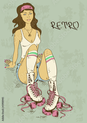 Retro illustration with girl on roller skates