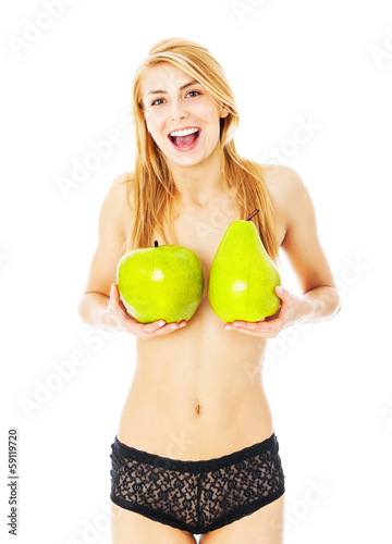 Woman In Panty Covering Breasts With Artificial Fruits photo