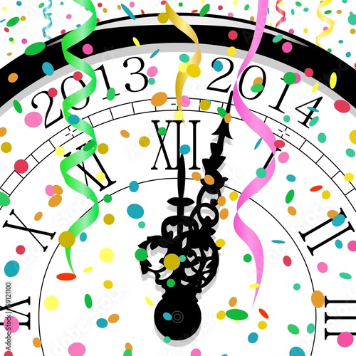 Réveillon, horloge, confettis et serpentins