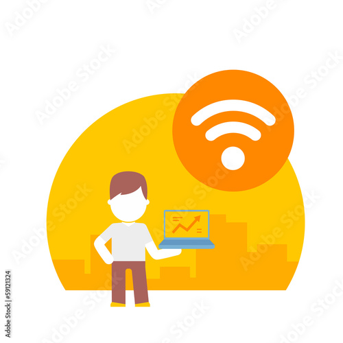 man uses wi fi on his laptop