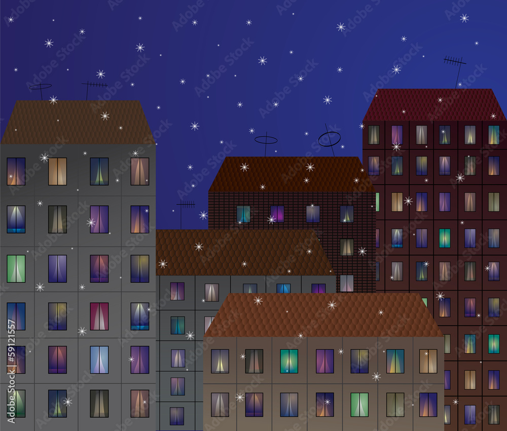City at night with falling snowflakes.