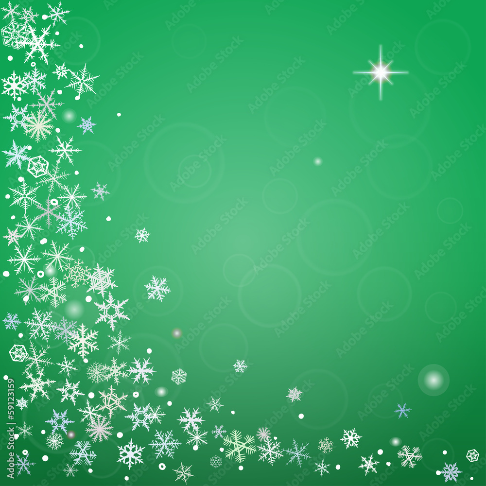 Abstract winter green background with various snowflakes. Abstract winter green background with various snowflakes.