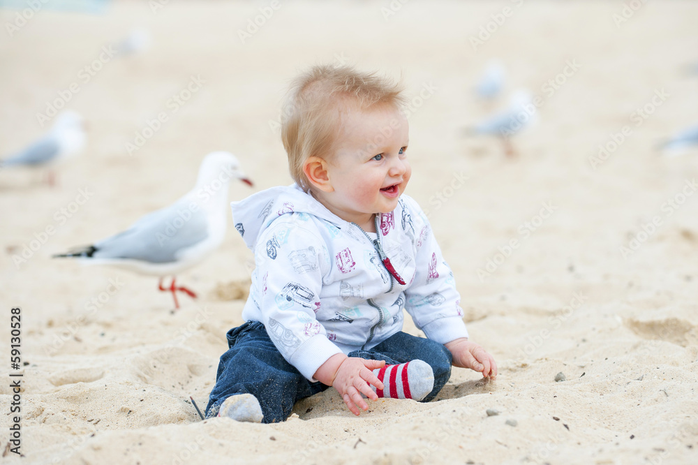 Little Kid on Sand Beach and Seagulls Little Kid on Sand Beach and Seagulls