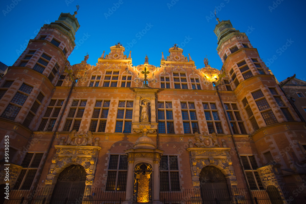 Historical city of Gdansk at night in poland