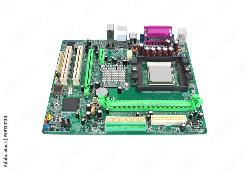 Printed computer motherboard, isolated on white background Printed computer motherboard, isolated on white background