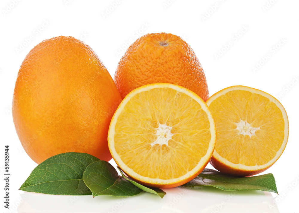 Fresh orange fruits with green leaves isolated on white backgrou Fresh orange fruits with green leaves isolated on white backgrou
