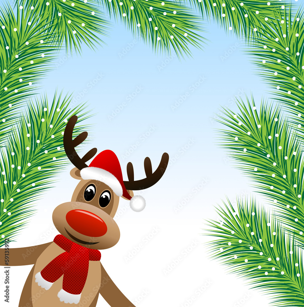 Fototapeta premium amusing deer and branches of fluffy fir-tree