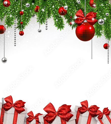 Christmas background with fir branches and balls.